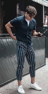 Aesthetic Black And White Striped Pants Outfit Ideas Justinliv Navy Button Up Short Sleeve Shirt White T Shirt Navy Striped Pants Too Short In Stylish Mens Outfits Mens Clothing Styles Mens Fashion Streetwear