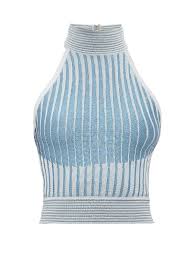 Balmain Pleated Metallic Knit Halter Crop Top In Light Blue Modesens