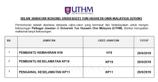 Pasar kg melayu majidee 1siang 1mlm 12jam gaji 1800 dh tolak kwsp socso 0162255908 kata kunci : Jawatan Kosong Terkini Universiti Tun Hussein Onn Malaysia Uthm Pembantu Kemahiran Pembantu Keselamatan Pengawal Keselamatan Kerja Kosong Kerajaan Swasta