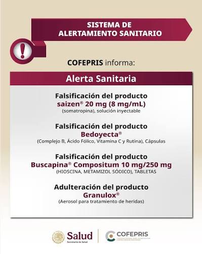 💊 #TomaNota | COFEPRIS alerta por medicamentos falsificados. ¡Revisa los lotes! 🔹 Granulox: 16115143 🔹 Buscapina Comp: CMXA001, CNXA001, CMXA007, MXA007, C57411 🔹 Bedoyecta: 230593, 230589 🔹 Saizen 20 mg: BA054637, BA010812, KW010374 #OnceNoticias 🔻