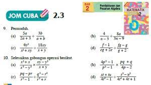 Kssm Matematik Tingkatan 2 Bab 2 Pemfaktoran Dan Pecahan Algebra Jom Cuba 2 2 No1 Buku Teks Form2 Otosection