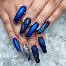 Easy Black And Blue Nail Designs Blue Black Silver Glitter Nail Designs White Feather Fingers Long Coffin Nails In 2020 Blue Nails Ombre Nail Designs Blue Coffin Nails