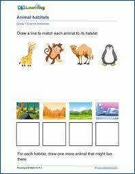 Your student will need an empty sheet to draw and color his animal.10 domestic animals:* fish* cat* dog* duck* mouse* budgie* turtle* rabbit* parrot* hamsterlanguage is english. Animal Habitats Worksheet K5 Learning