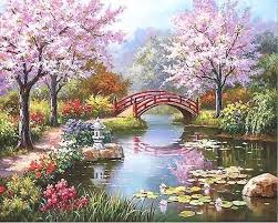 Paysage Japonais Avec Ses Cerisiers En Fleurs Peinture Par Numero Peinture Paysage Paysage Belle Image Nature