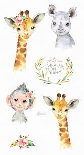 Africa Giraffe Monkey Rhino Watercolor Little Animals Clipart Etsy Baby Animal Drawings Animal Clipart Watercolor Animals