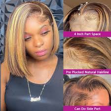 Highlight Bob Wig Human Hair 13x4 Frontal Lace Wig Pre Plucked with Baby  Hair 180% Density Ombre Bob Wig Human Hair Colored 4/27 HD Transparent Bob  Lace front wig honey blonde Bob