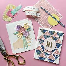 You can get kits that come with patterned paper and decorative cutouts for collaging, or those that guide you through a whole craft process. Live Workshop Essentials Collage Card Making Paper Source