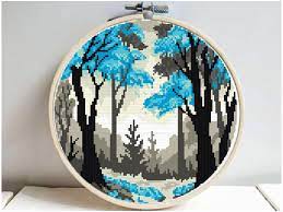 Shop cross stitch and tapestry materials perfect as a base for your own inspirational designs or for use with a pattern. Autumn Forest Landscape Cross Stitch Pattern Modern Easy Counted Chart Nature Sky Embroidery H Modern Cross Stitch Patterns Cross Stitch Art Cross Stitch