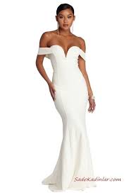 2020 Sik Abiyeler Beyaz Balik Uzun Omzu Acik Dusuk Kol Kalp Yaka The Dress Elbise Modelleri Siyah Abiye