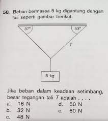 Berapa besar tegangan tali yang menahan anak? Beban Bermassa 5 Kg Digantung Dengan Tali Seperti Gambar Berikut Jika Beban Dalam Keadaan Setimbang Brainly Co Id