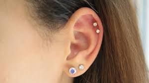 An industrial piercing (north america), sometimes called a scaffold piercing (uk/ireland) or construction piercing, is any two pierced holes connected with a single straight piece of jewelry (compare to orbital piercing); Hello Crisst Double Cartilage Piercing