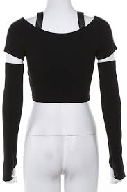 Black Cutout Gloves Long Sleeve Bag Buckle Belt Reflective Light Patch Crop T Shirt Beautifulhalo Com