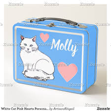 White Cat Pink Hearts Personalized Metal Lunch Box Zazzle Com Metal Lunch Box Lunch Box Pink Heart
