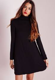 Missguided Roll Neck Long Sleeve Jersey Swing Dress Black Jersey Swing Dress Maxi Dress Outfit Fall Black Swing Dress