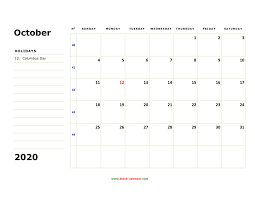 What is the moon phase for october? Free Download Printable October 2020 Calendar Large Box Holidays Listed Space For Notes