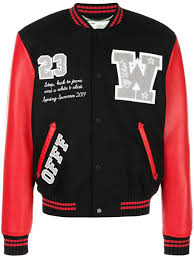 Off White Luxury Leather Wool Varsity Jacket In Red Multicolor Modesens Varsity Bomber Jacket Black Bomber Jacket Varsity Jacket