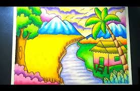 Menggambar Dan Mewarnai Pemandangan Alam Sawah Dan Gunung Dengan Gradasi Crayon Drawing Scenery Youtube Cara Menggambar Pemandangan Gambar
