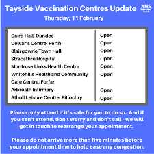 Maybe you would like to learn more about one of these? Nhs Tayside Tayside Vaccination Centres Update Thursday 11 February 8 50am All Community Vaccination Clinics Across Tayside Are Operating Today As Planned So People Should Attend If It Is Safe