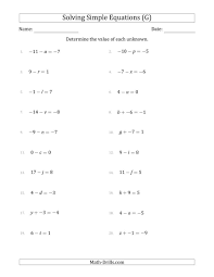The Solving Simple Linear Equations With Unknown Values Between 9 And 9 And Variables On The Left Side In 2020 Algebra Worksheets Solving Linear Equations Equations