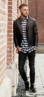 Monochrome Combo Inspiration With A Black Leather Jacket Black White Plaid Shirt Black Ripped Denim Leather Jacket Outfit Men Shirt Outfit Men Black Jeans Men