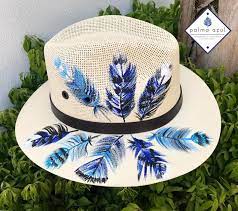Blue And Black Feathers Hand Painted Panama Hat Etsy In 2021 Painted Hats Beautiful Hats Black Feathers