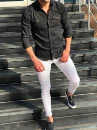 Black And White Jeans Mens Black Slim Fit Denim Shirt White Jeans And Black Tassel Espadrille Loafer Black Shirt Outfit Men Mens Pants Fashion Black Shirt Outfits