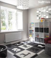 Black And White Kids Play Room So Stylish Softtiles Safari Animals Foam Play Mat Is The Perfect Fit For This Designer Pla Dining Room Playroom Combo Kids Play Mats Foam Modern Kids Playroom