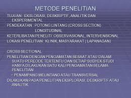 Metode Penelitian Tujuan Ekslorasi Deskriptif Analitik Dan Eksperimental Pendekatan Potong Lintang Cross Section Longitudinal Keterlibatan Peneliti Ppt Download