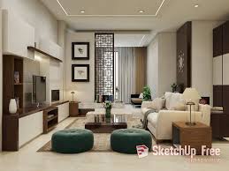 Brown sofa and a wooden table in living room interior with plant,concrete wall. 1895 Interior Livingroom Scene Sketchup Model Free Download Living Room Interior Interior Sketchup Model