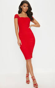 Red Mesh Ruched Midi Dress Knee Length Dresses Satin Skater Dress Red Midi Dress