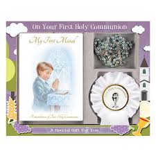 First communion is an incredibly important event in the life of a catholic. First Communion Gift Set Boy With Paperback Book Rosette Blue Rosary Bead Saint Anthony Stores Communion Confirmation Gifts