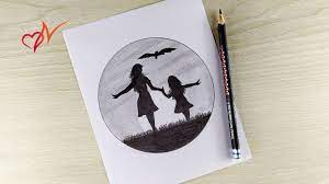 Silhouette of mother and son hand sun rays touch father and son walking black and white silhouette mother and son people illustration vector pink mother child children holding hands illustration female ink silohette mother silhouette family play silhouette. Happy Mother And Daughter Silhouette Drawing How To Draw A Circle Shape Scenery Youtube