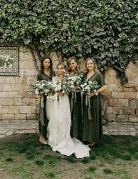 Olive Green Midi Dresses With V Necklines For A Green And White Wedding Olive Green Bridesmaid Dresses Green Wedding Dresses Fall Bridesmaid Dresses