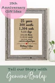 As specialists in wedding anniversaries choose 25th wedding anniversary gifts from a wide range of ideas. Tell Your Story With Burlap Diy Anniversary Gift Ideas Wedding Gifts Per 25th Anniversary Gifts Anniversary Gifts For Parents Anniversary Gifts For Couples