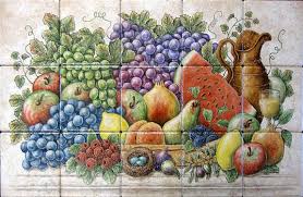 Overflowing Fruit Vegetables Harvest Or Garden Baskets Cornucopias Horns Of Plenty Ceramic Tile Murals Gl Backsplash Tile Mural Tile Murals Painting Tile