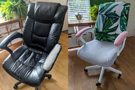 Here's how to reupholster your favorite chair. Before And After Refreshing My Worn Office Chair Using Old Clothes Textiles That Were Destined For Donation Also Added Some Nice Roller Blade Style Wheels For Extra Weeeeeee Upcycling