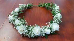 Flower Crown Made Of Babies Breath And White Spray Roses White Spray Roses Rose Flower Crown Flower Girl Crown