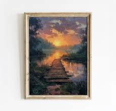 Zonsondergang boven een rustig meer met houten pad Serene Nature Digital  Art Print Kunst aan de muur Art Academi Direct downloaden