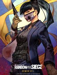 hungry clicker, azami (rainbow six siege), rainbow six siege, commentary  request, highres, 1girl, belt, belt pouch, black hair, black shirt, blue  jacket, blunt bangs, brown gloves, collared shirt, copyright name, covered  mouth,