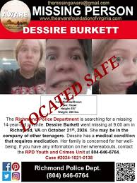 UPDATE: DESSIRE has been located and is SAFE. Thanks again for your help.  #TheAWAREFoundation