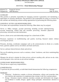 A financial advisor, or our most successful financial advisors are those who consistently build relationships and leverage a financial advisor typically reports to their firm manager or bank manager if they work for a. Global Financial Private Capital Job Description Job Title Client Relationship Manager Pdf Free Download