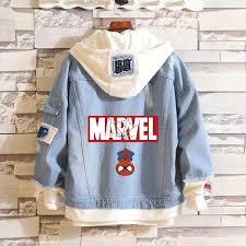 Description Selected Denim Fabric With Embroidered Spider Man And Marvel Logo On Back It Feels So Soft An Marvel Clothes Hooded Denim Jacket Hoodies Men Style