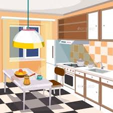 Vector Cartoon Illustration Of A Kitchen Interior Kitchen Interior Cartoon Illustration Kitchen Cartoon