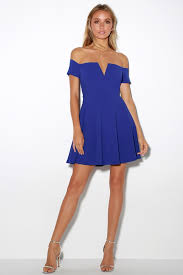 Play The Party Cobalt Blue Off The Shoulder Skater Dress Mini Dress With Sleeves Lace Skater Dress Blue Skater Dress