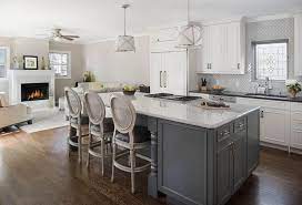 Grey kitchen cabinets with white countertops. White And Gray Kitchen With Marble Diamond Pattern Backsplash Tiles Transitional Kitchen