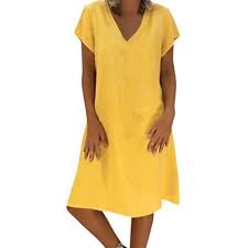 Keseely Womens Summer Cotton Linen Dress Summer Loose Plus Size Solid Dresses Yellow Linen Dress Women Womens Dresses Casual Dresses For Women