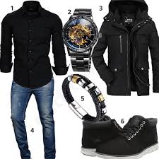 Herrenoutfit Mit Schwarzem Hemd Uhr Und Armband Outfits4you De Herren Outfit Schwarzes Hemd Jeansjacken Outfits