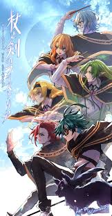 colette loire, julius reinberg, kiki (tsue to tsurugi no wistoria), lihanna  owenzaus, sion ulster, wignall lindor, will serfort, tsue to tsurugi no  wistoria, highres, 2girls, 4boys, aqua hair, black capelet, blonde hair,