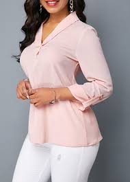 V Neck Roll Tab Sleeve Light Pink Blouse Rotita Com Usd 26 91 Clothes Light Pink Blouses Dress Stores Online