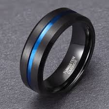Brushed Black Tungsten Band Rings With Blue Grooved Center Tungsten Mens Rings Mens Wedding Rings Wedding Rings